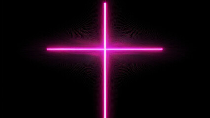 A neon cross in a cyberpunk atmosphere on a dark background exposing the cross. 4K illustration