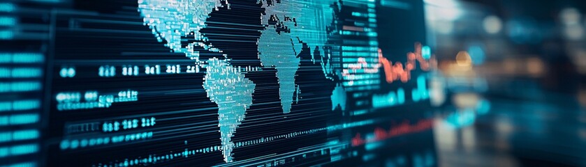 Wall Mural - a close-up of a computer screen displays multiple currency exchange rates, with a world map faintly 