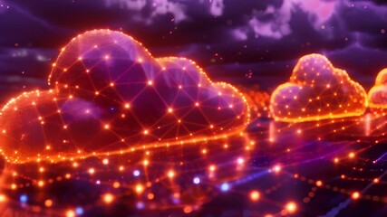 Wall Mural - video of futuristic cloud computing concept with digital clouds connected by glowing orange networks