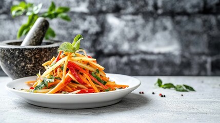 Delicious papaya salad on a white plate, with a rustic mortar and pestle in the background, placed on a white surface with room for text.