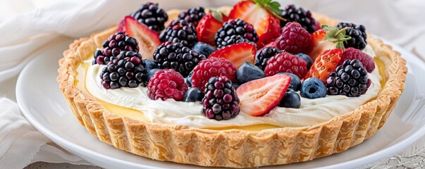 Classic fruit tart with cream topped with fresh berries, vibrant colors, elegant pastry