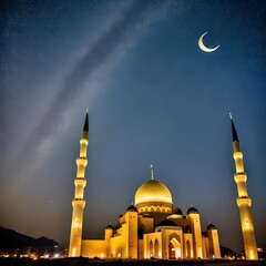 Low Angle View of a Beautiful Mosque with Star Cluster and Crescent Moon in The Midnight Sky Landscape