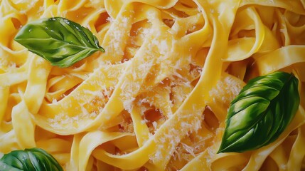 Wall Mural - Close-Up of a Traditional Italian Pasta Dish Garnished with Fresh Basil and Parmesan Cheese - Authentic Culinary Art