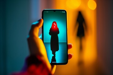 hand holding smartphone with red smiley face in code, hooded figure with glowing red eyes in dark ba