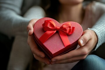 Wall Mural - Close-up of a hand holding out a red heart-shaped box of chocolates. A man hands his girlfriend a heart-shaped gift box for Valentine's Day.