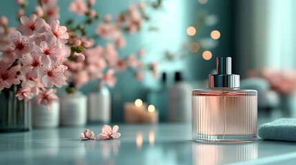  A bottle of perfume on a countertop, with a bouquet of pink flowers and some candles