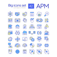 Sticker - APM RGB color icons set. Real user monitoring. Cross platform, multi device. Domain name system. Isolated vector illustrations. Simple filled line drawings collection. Editable stroke