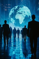 Canvas Print - Silhouettes of business people walking in front of a large digital globe in a futuristic city