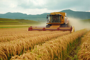 Wall Mural - A modern approach to rice harvesting using a combine harvester in action cutting and harvesting rice on a large plantation, demonstrating efficiency and manufacturability.