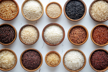 Wall Mural - Various types of rice are shown from above in bowls on a white background.