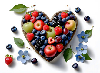 Wall Mural - heart shape made of red and blue berries top view isolated on white background
