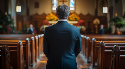 Rear view of a man in a suit praying in a church