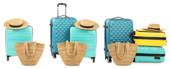 Poster - Different suitcases, straw hats and beach bags on white background, set