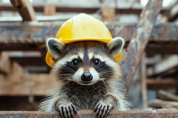 Wall Mural - Image of raccoon animal cartoon character working generated with AI concept