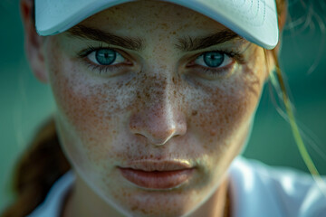 Wall Mural - Closeup Generative AI portrait of focused sportsman sportswoman at tennis court practicing preparing for contest