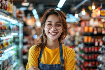 A smiling woman stands in a supermarket aisle, surrounded by colorful products and shelves filled with groceries, Ai generated