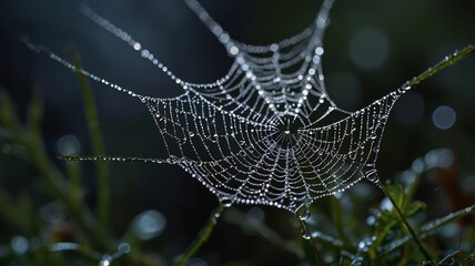 spider web with dew drops , ai generated.