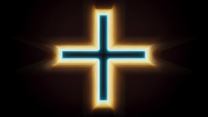 A neon cross in a cyberpunk atmosphere on a dark background exposing the cross. 4K illustration