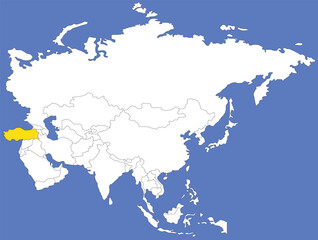  Highlighted map of TURKEY inside detailed blank flat political map of the Asian continent on isolated background