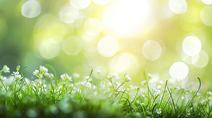 Wall Mural - White flowers on a green meadow in sunlight, spring background postcard