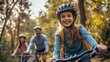 © Oulaphone - Happy family cycling in the forest, Father, mother and daughter wearing helmets with bicycles, Family outdoor activity concept.