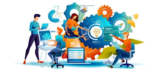 Wall Mural - teamwork and collaboration with cogwheels and technology.