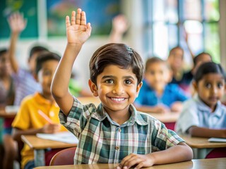 Eager young student with big brown eyes and bright smile raises hand in a colorful Indian classroom, seeking teacher's attention to answer a question.