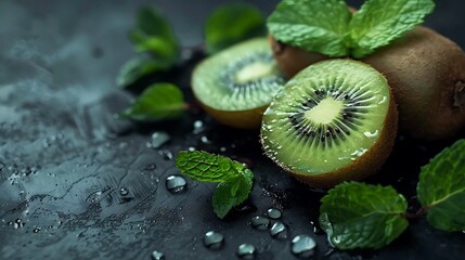 Canvas Print - Fresh Kiwi Fruit with Mint Leaves on Dark Background