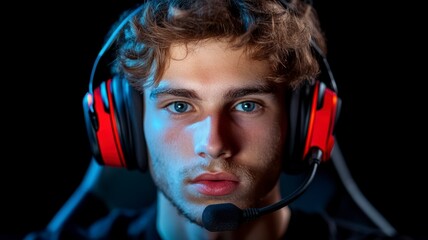 A close-up portrait of a young male gamer focused on his screen, wearing a headset with vibrant red accents in a dark environment.