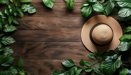 Poster - Wooden background with wicker hat