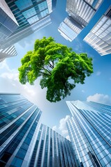 Poster - Green Tree Overlooking Modern Skyscrapers.