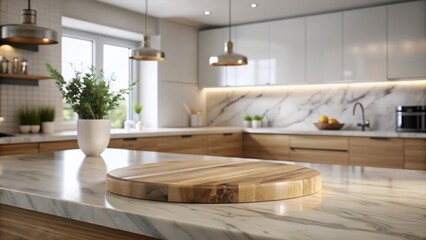 Elegant marble surface on wooden pedestal provides ample copyspace amidst blurred kitchen essentials, perfect for product placement or branding opportunities.