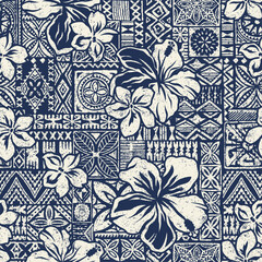 Wall Mural - hibiscus flower with tapa cloth background abstract tribal vector seamless pattern for fabric shirt 