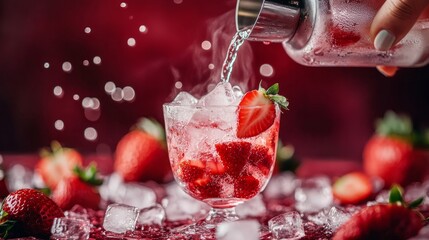 Wall Mural - On a burgundy background, a woman is seen pouring a cocktail from a shaker into a glass filled with a red strawberry dessert, ice cubes, and strawberry slices.