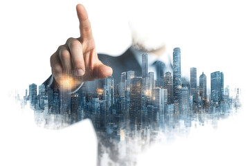 Wall Mural - Businessman pointing at a holographic city skyline with buildings and skyscrapers. Ideal for real estate and urban development concepts, symbolizing future construction plans.