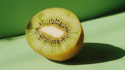 Poster - Close-up of a Kiwi Fruit Slice on a Green Background