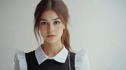 Wall Mural - A young woman in a black dress with a white collar posing against a neutral background