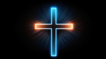 Wall Mural - A neon cross in a cyberpunk atmosphere on a dark background exposing the cross. 4K illustration