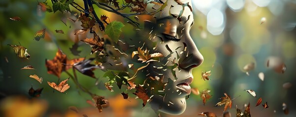 Poster - Woman's Face Made of Falling Autumn Leaves.