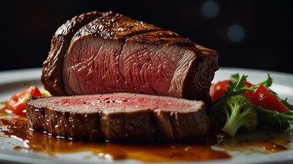 roast beef with vegetables on a white plate on a dark background