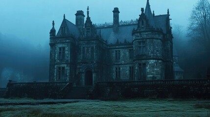 Poster - Spooky old gothic castle, foggy night, haunted mansion