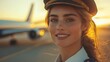 © AndiAzis - Smiling female pilot in uniform with airplane in background.