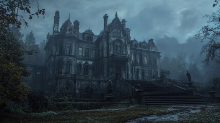 Wall Mural - Spooky old gothic castle, foggy night, haunted mansion