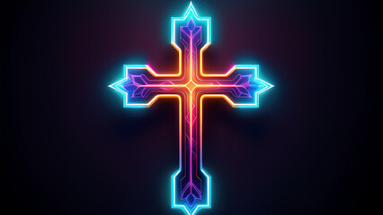 Wall Mural - A neon cross in a cyberpunk atmosphere on a dark background exposing the cross. 4K illustration