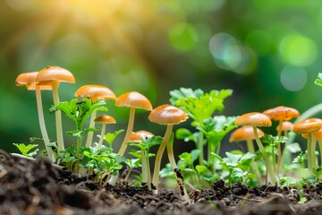 Canvas Print - Small Mushrooms Growing in Forest.