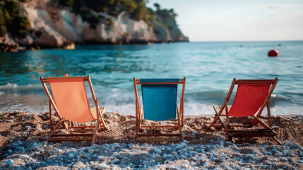 Wall Mural - Summer beach loungers: close-up by the sea