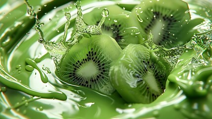 Canvas Print - Kiwi Slices Splashing in Green Liquid