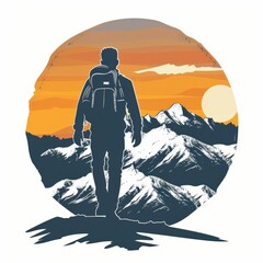 Abstract Man backpack and hiking silhouette with mountain emblem design vector illustration on white background