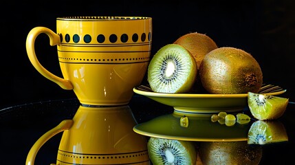 Canvas Print - Yellow Cup, Green Kiwis and Their Reflection on a Black Surface