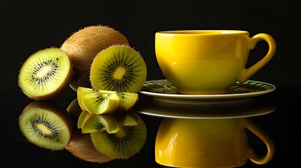 Poster - Kiwi Fruit and Yellow Cup on a Black Background